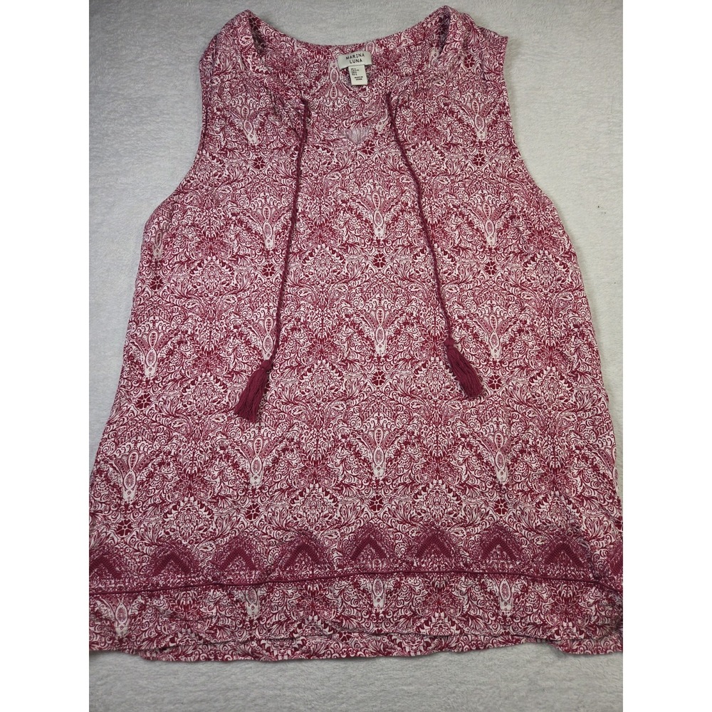 Marina Luna Womens L Boho Paisley Tassel Tie Sleeveless Blouse Rayon Peasant Top